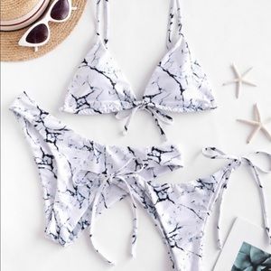 marble print cami three piece bikini swimsuit